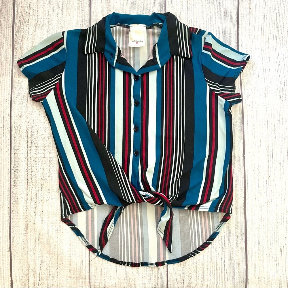 TOP FASHION OF NY Striped Button-Up Blouse Top with Tie Front Size Small